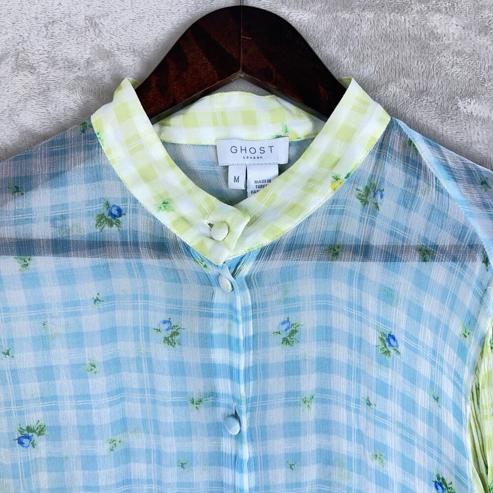 Ghost London Bella Blouse Medium Gingham Botanical Semi Sheer Crepe Picnic-core - Picture 2 of 13